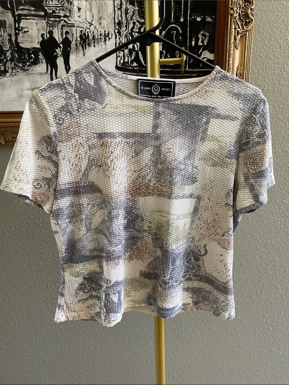 St. John Sport Short Sleeve Crewneck Top in Gray, Cream and Tan